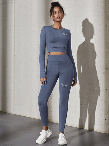 2pcs Letter Graphic Workout Suit Running Set & Crop Tee Tummy Control Tights