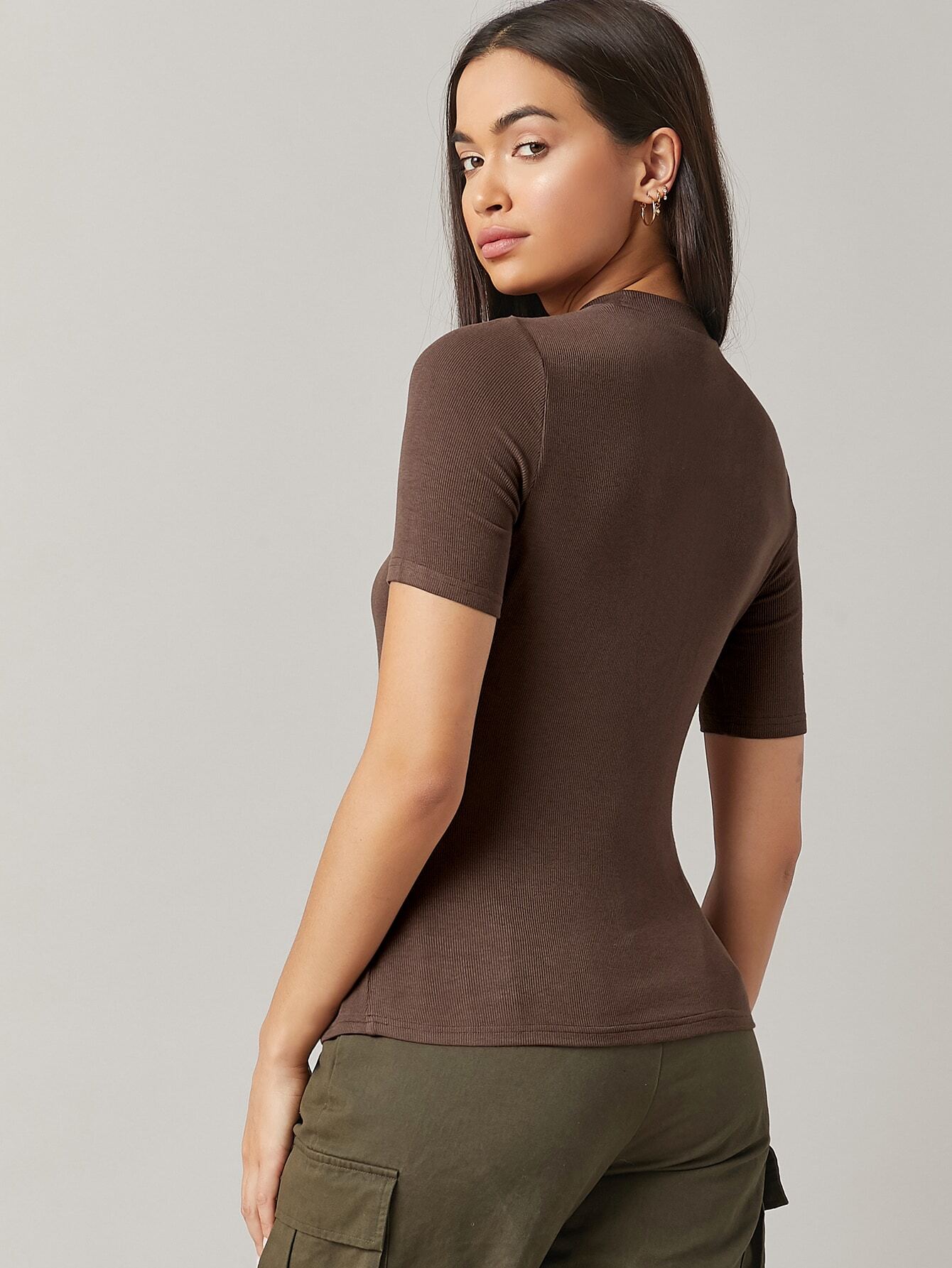 BASICS Mock-Neck Rib-knit Top shein
