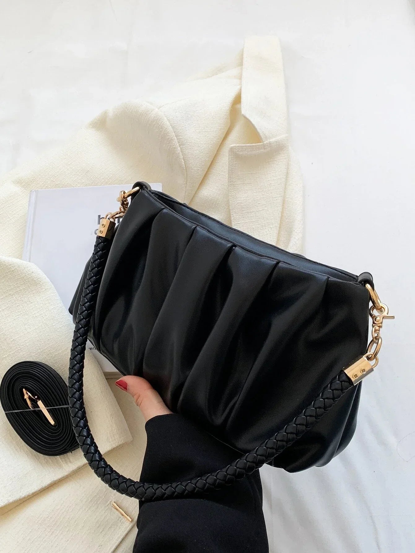 Fashion Pleated Pu Leather Shoulder Bag shein