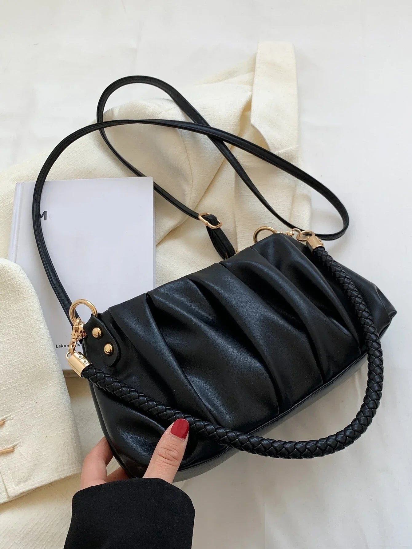Fashion Pleated Pu Leather Shoulder Bag shein