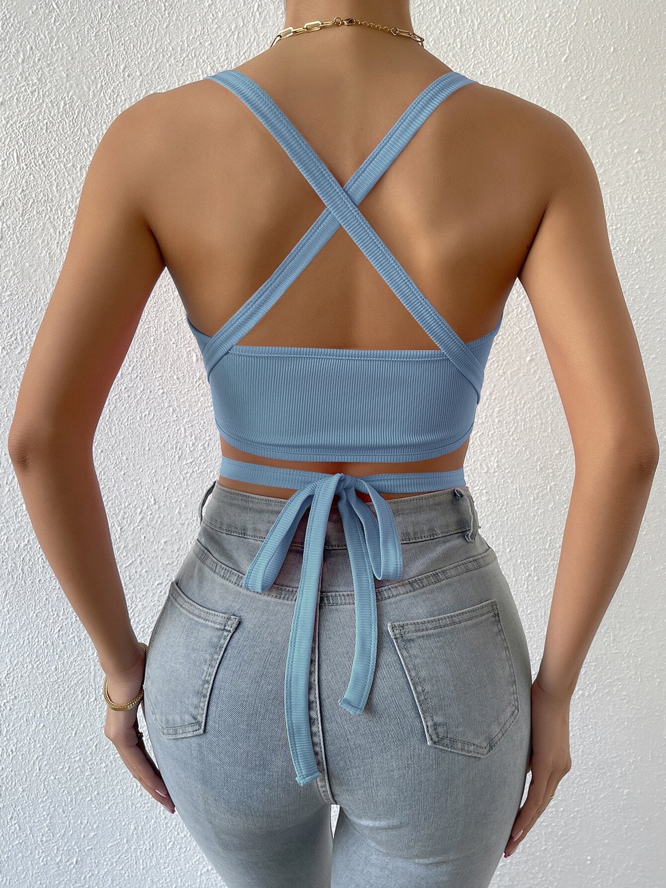 BAE Crisscross Tie Back Crop Halter Top shein