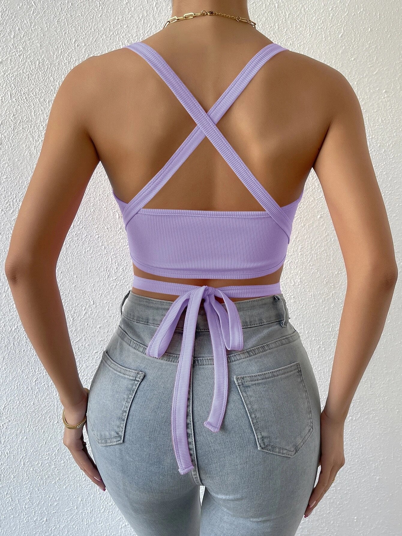 BAE Crisscross Tie Back Crop Halter Top shein