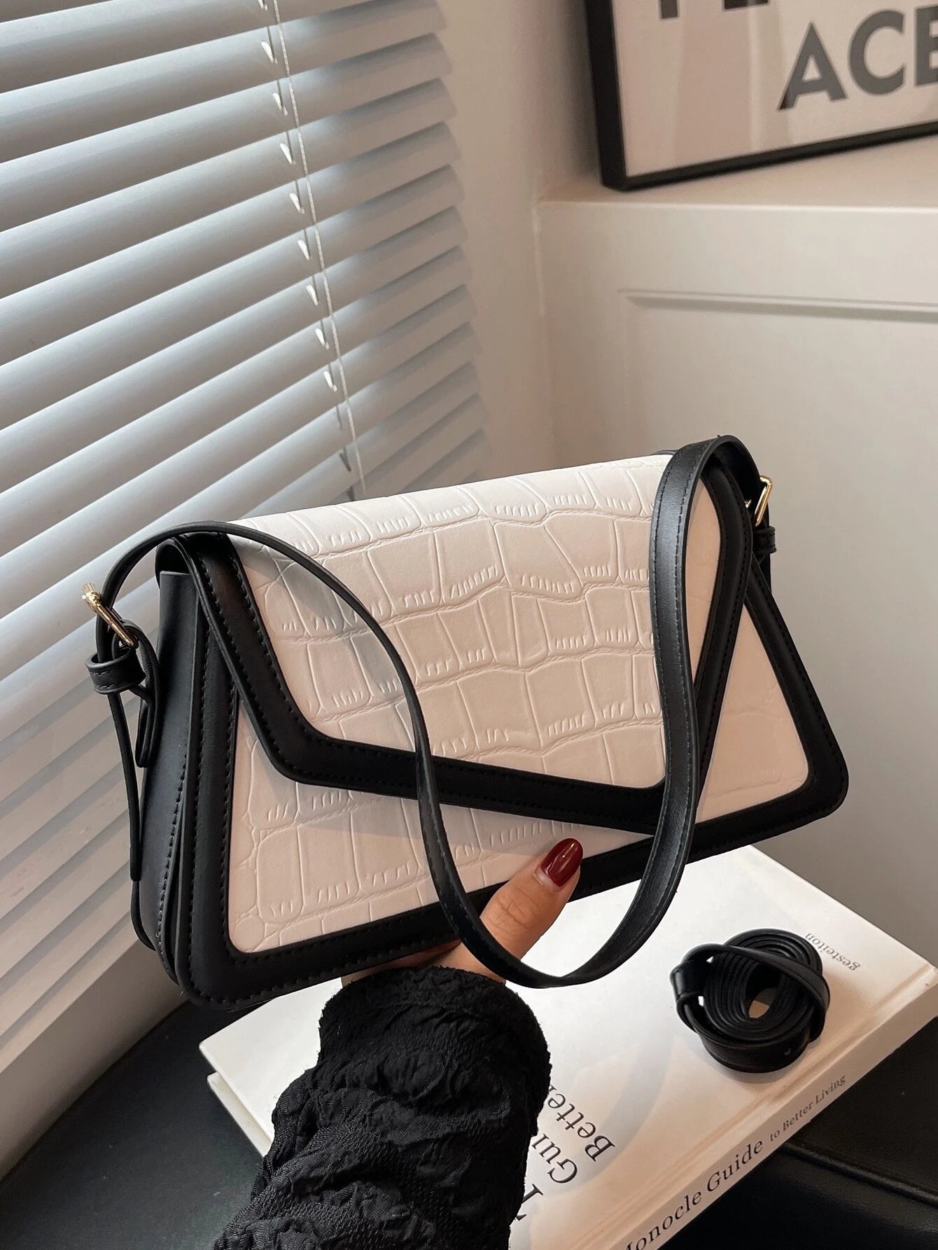 1pc Fashionable Color-Block Crocodile Pattern Diamond Checkered Flap Zipper Vintage Simple Shoulder Bag