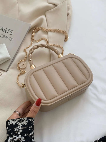 Solid Color Pu Stripe Embossed Vertical Stripe Fashionable Elliptical Metal Handle City Tote Bag shein