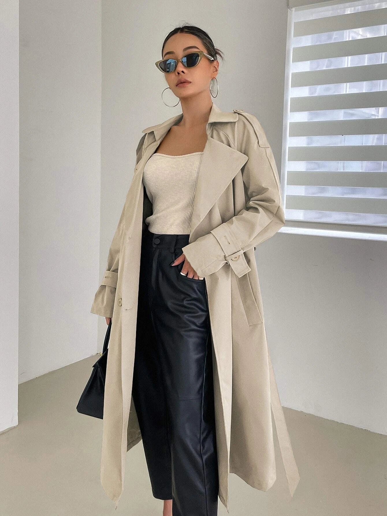 DAZY Raglan Sleeve Epaulettes Design Belted Trench Coat shein