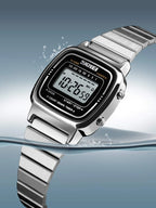 1pc Women Gold Stainless Steel Strap Fashionable Calendars Alarm Water Resistant Digital Watch shein