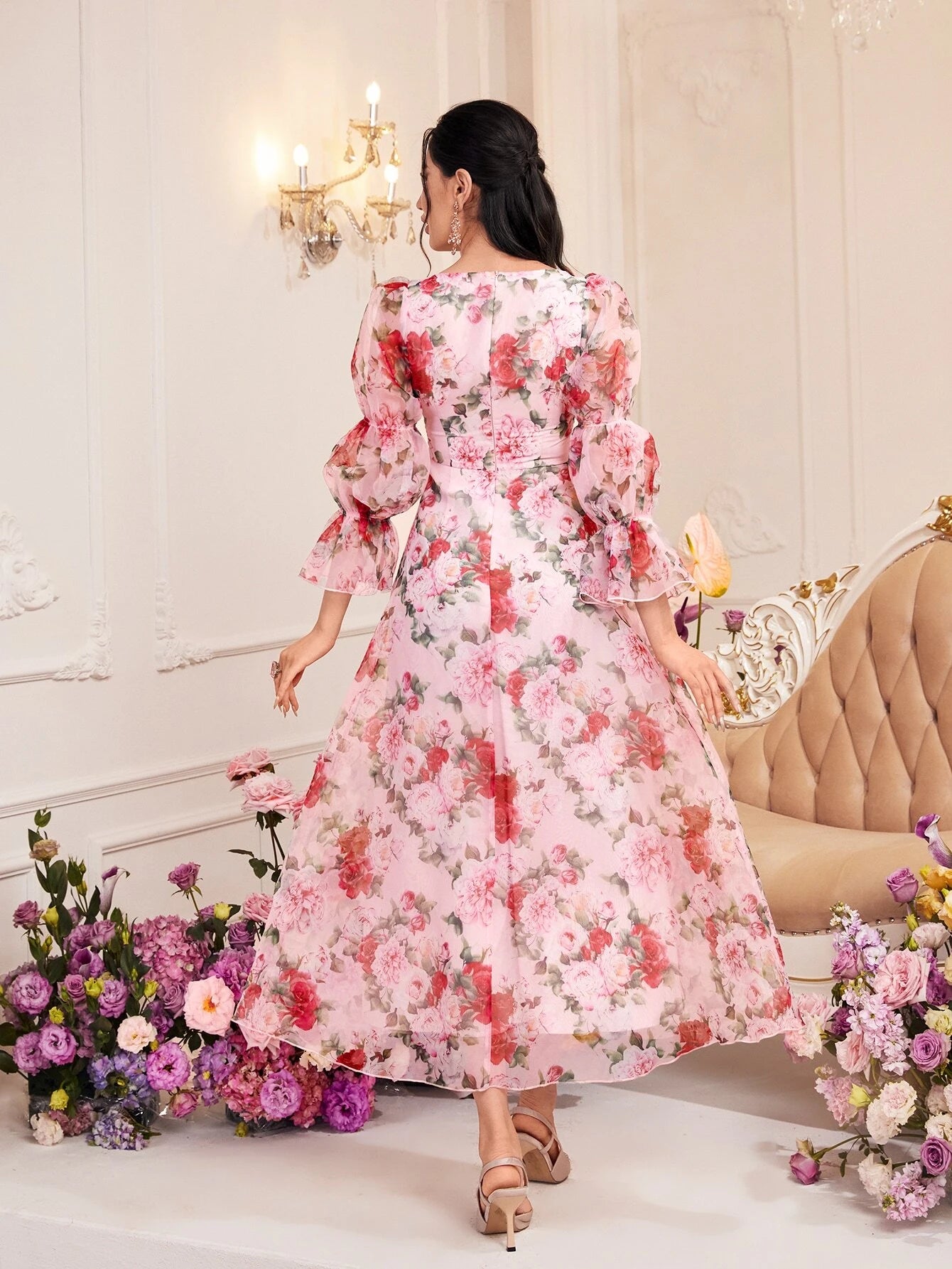 Modely Allover Floral Print Sweetheart Neck Flounce Sleeve Organza Dress shein