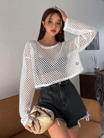 DAZY Hollow Out Drop Shoulder Crop Top Without Bra shein