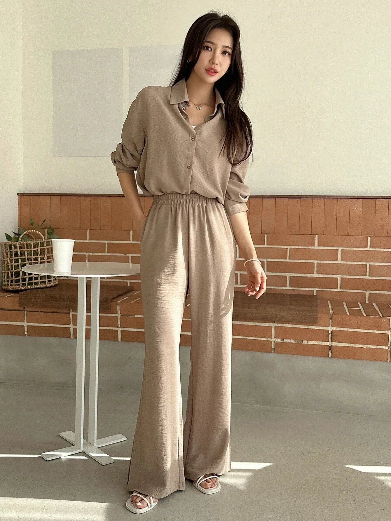 DAZY Solid Button Front Shirt & Flare Leg Pants shein