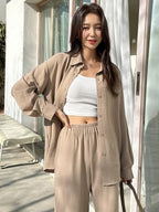 DAZY Solid Button Front Shirt & Flare Leg Pants shein