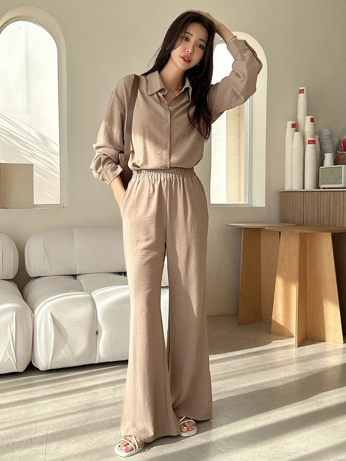 DAZY Solid Button Front Shirt & Flare Leg Pants shein