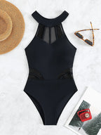 Swim SXY Summer Beach Contrast Mesh Halter One Piece Swimsuit shein
