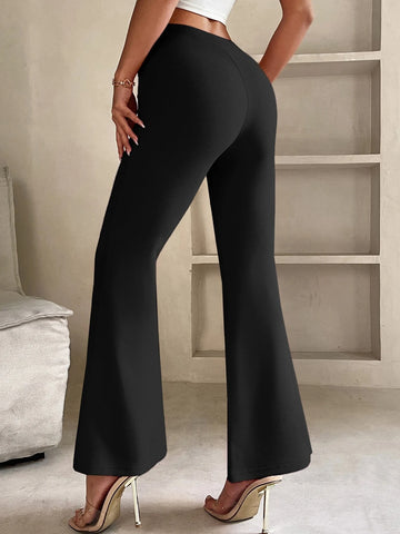 PETITE Solid Flare Leg Pants shein