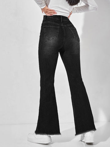 PETITE High Waist Raw Hem Flare Leg Jeans shein