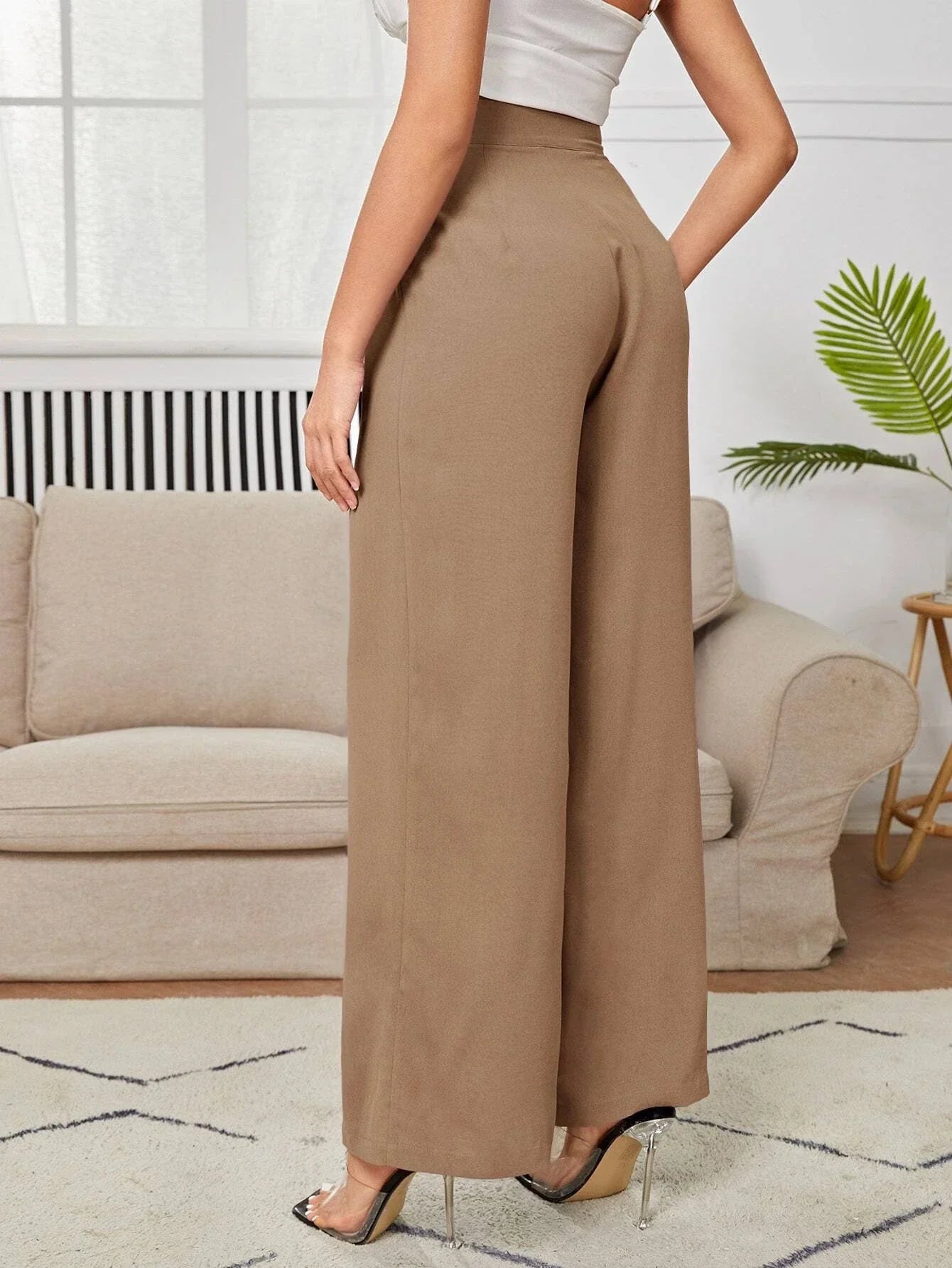 PETITE High Waist Plicated Wide Leg Black Dress Pants Shein