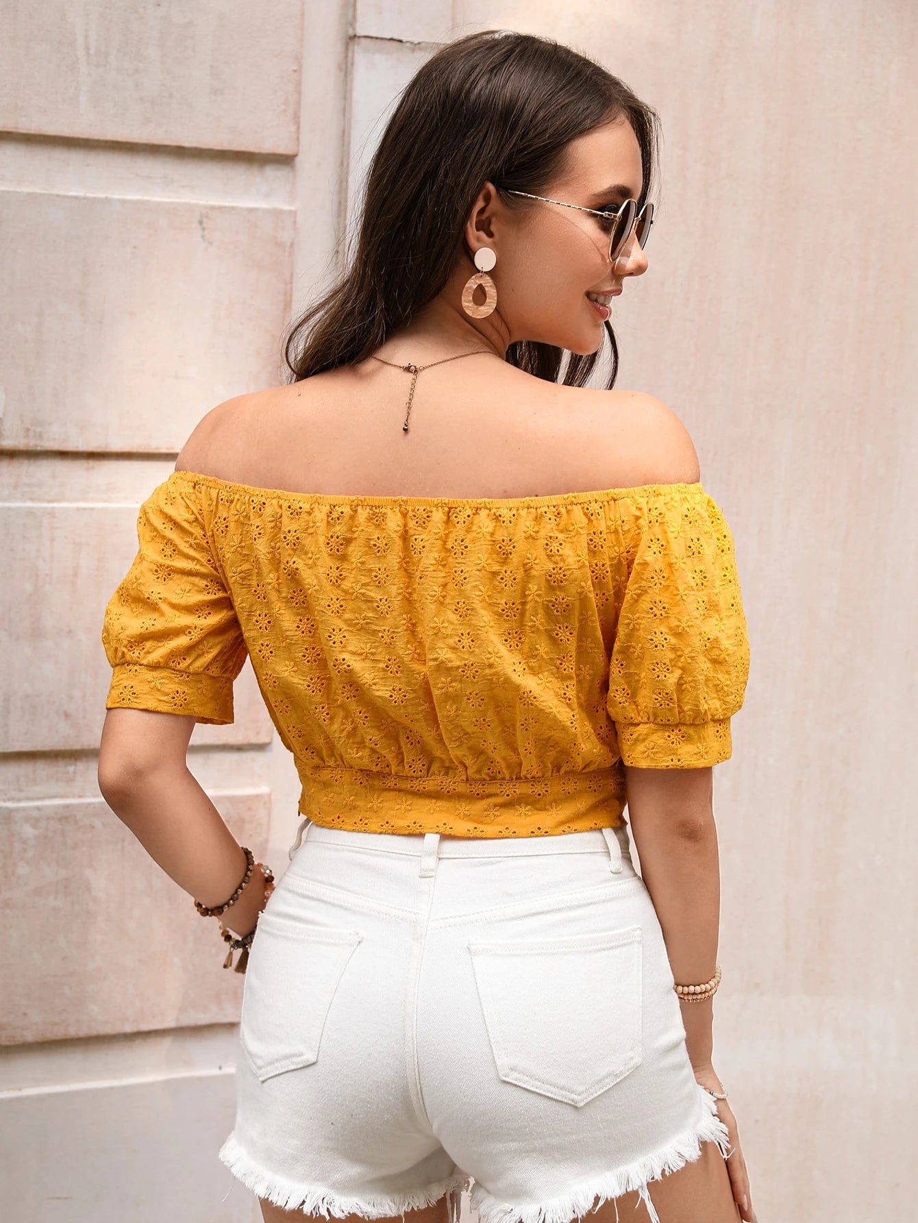 LUNE Women'S Knot Front Off Shoulder Short Sleeve Shirt