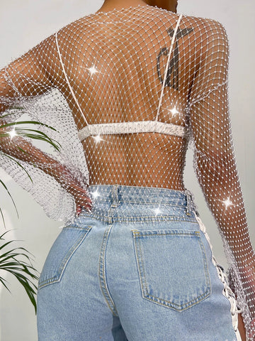 BAE Sheer Fishnet Metallic Top shein