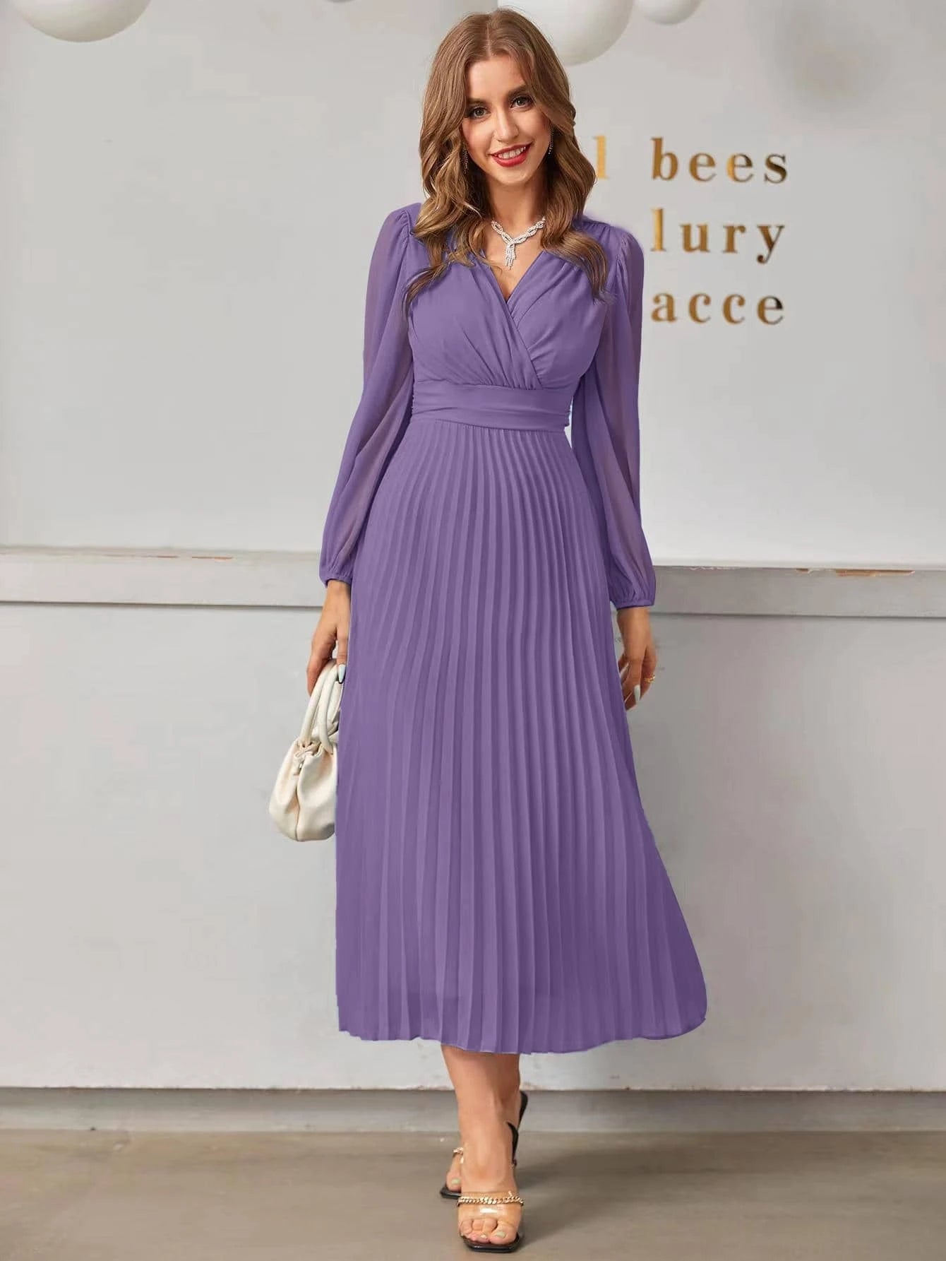 Modely Surplice Neck Pleated Hem Dress shein