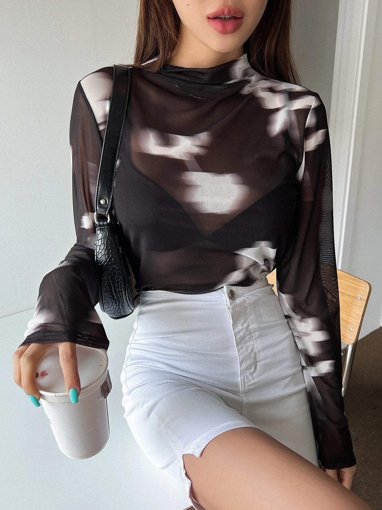 DAZY Ladies Stand Collar Tie Dye Top shein