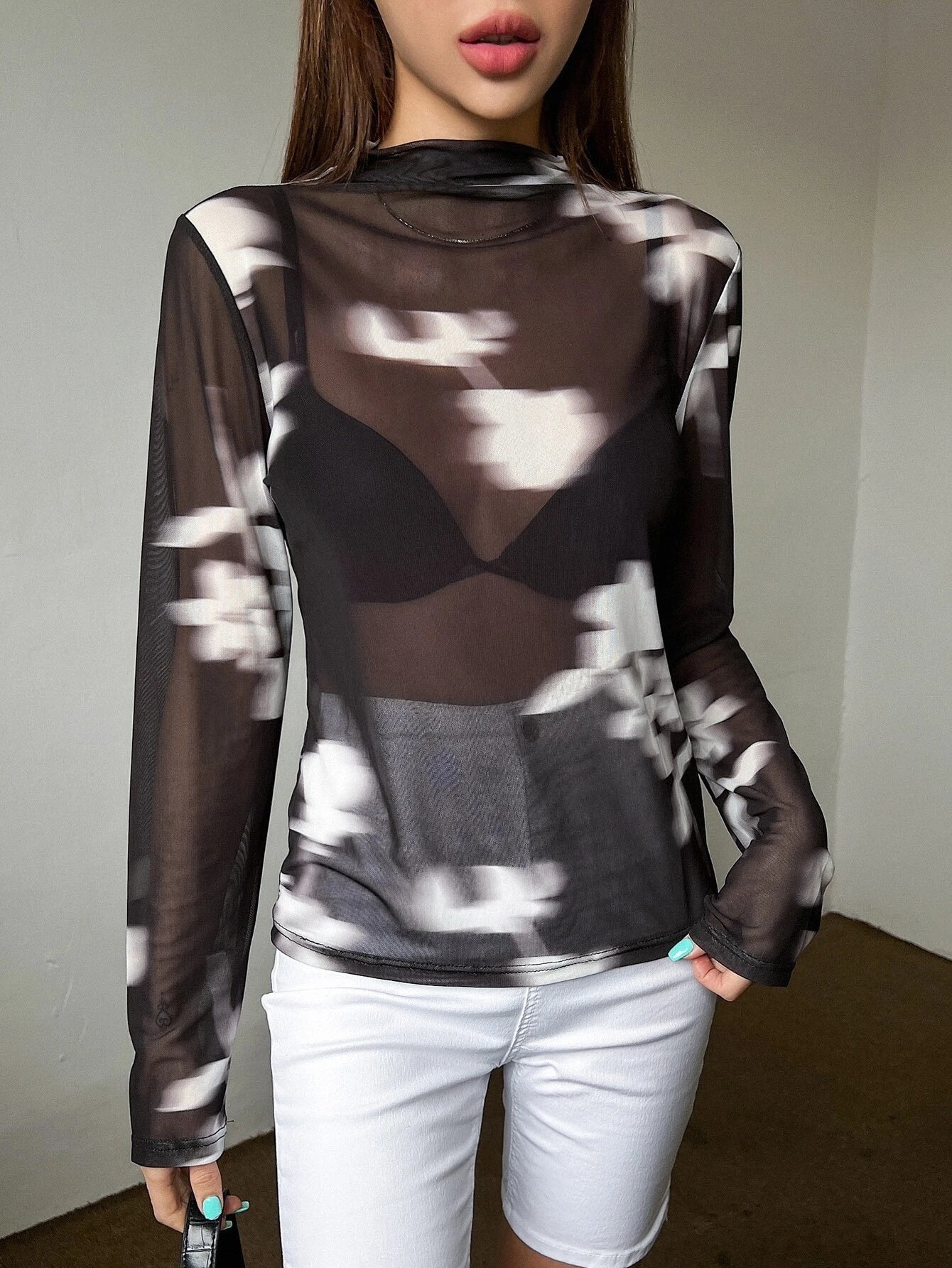 DAZY Ladies Stand Collar Tie Dye Top shein