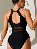 Swim SXY Summer Beach Contrast Mesh Halter One Piece Swimsuit shein