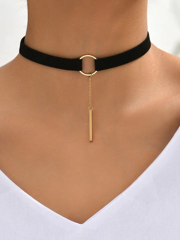 1pc Black Velour Choker With Gold Long Bar Pendant For Women shein