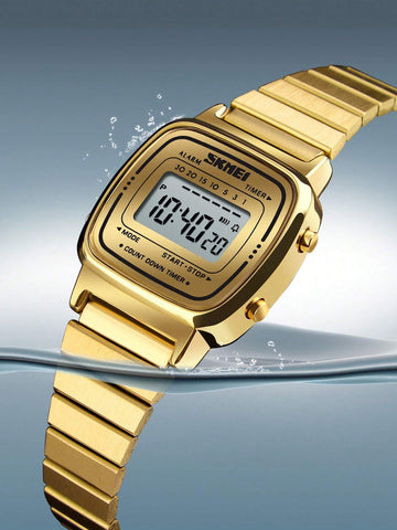 1pc Women Gold Stainless Steel Strap Fashionable Calendars Alarm Water Resistant Digital Watch