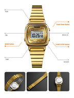 1pc Women Gold Stainless Steel Strap Fashionable Calendars Alarm Water Resistant Digital Watch shein