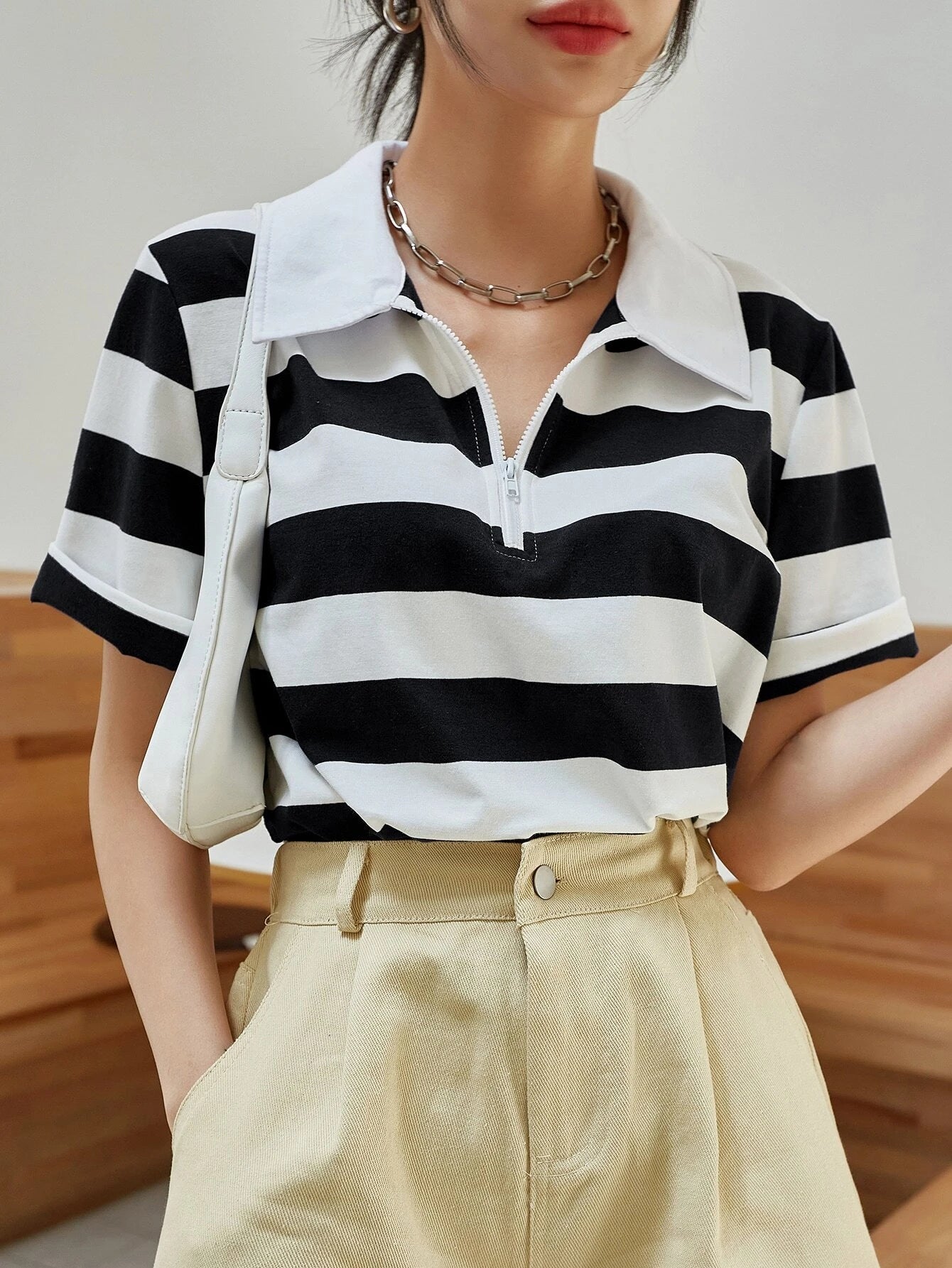 DAZY Striped Print Half Zip Tee shein