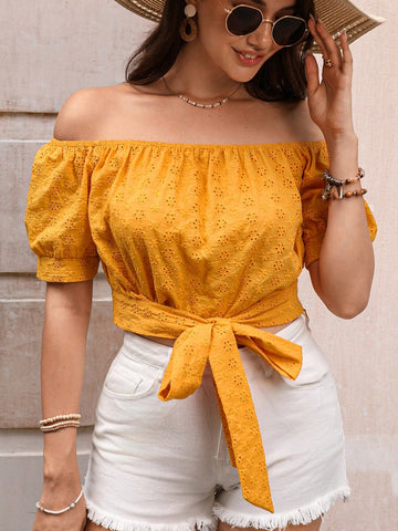 LUNE Women'S Knot Front Off Shoulder Short Sleeve Shirt