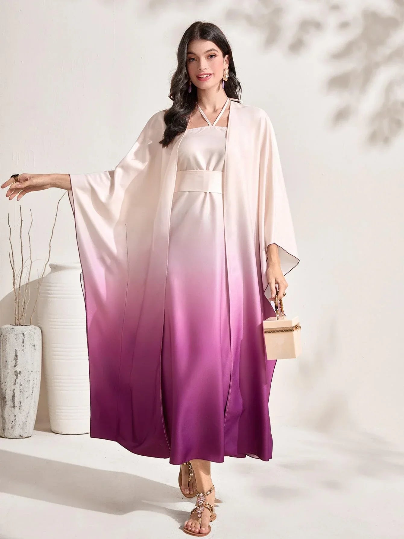 Najma Ombre Print Batwing Sleeve Abaya & Cami Dress Set shein