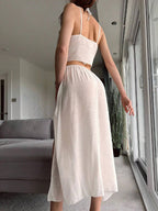 Swim Summer Beach Solid Knot Front Cover Up Top & Split Thigh Skirt shein