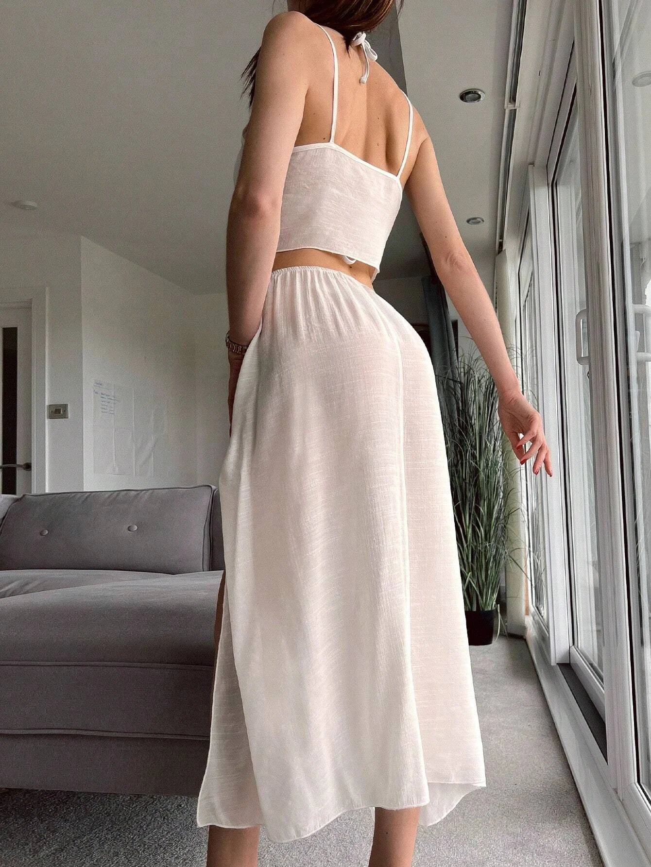 Swim Summer Beach Solid Knot Front Cover Up Top & Split Thigh Skirt shein