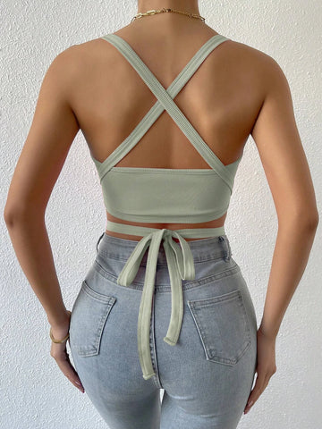 BAE Crisscross Tie Back Crop Halter Top shein