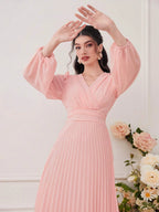 Modely Surplice Neck Pleated Hem Dress shein