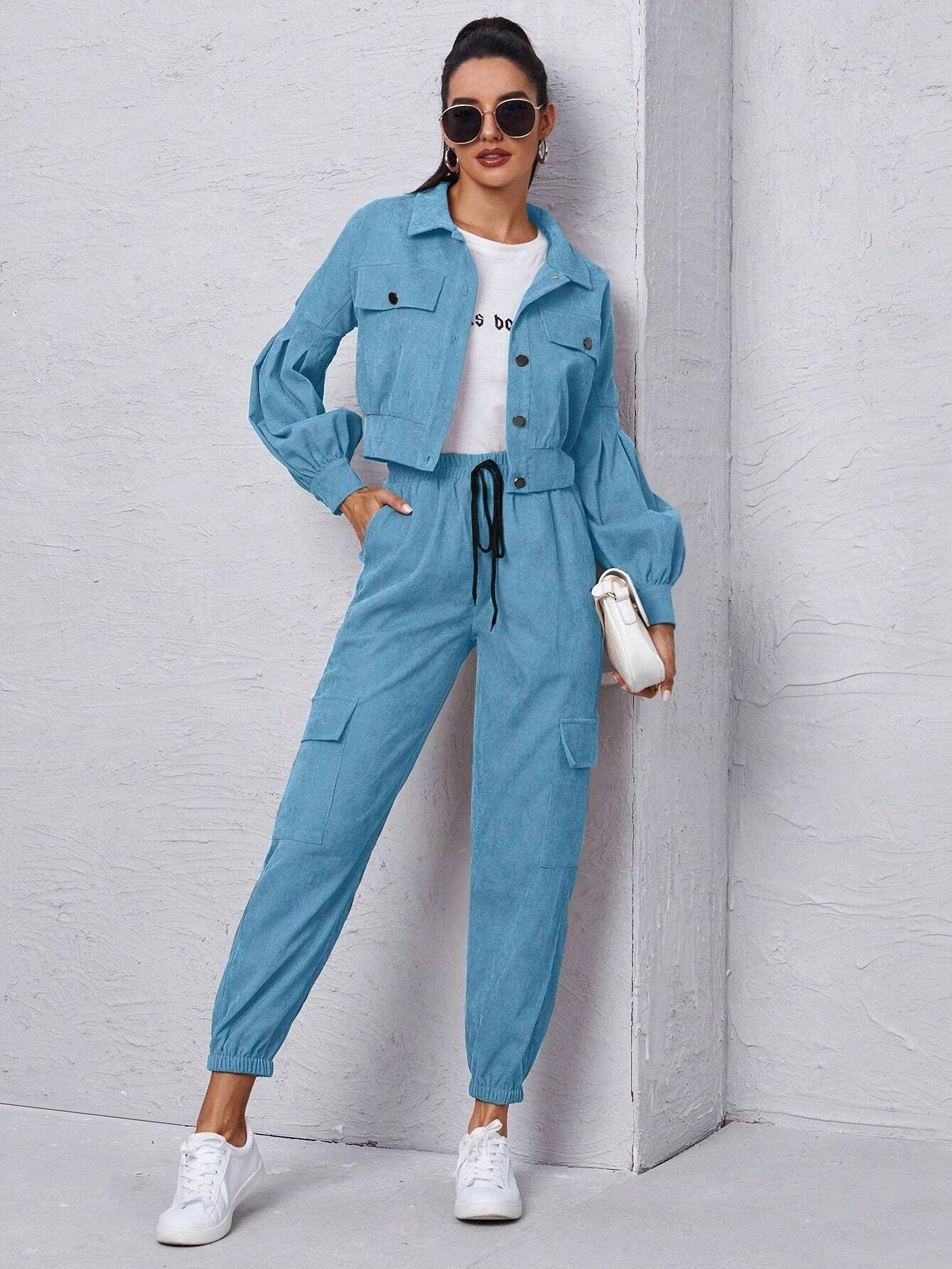 Mulvari Corduroy Flap Detail Jacket With Tie Front Cargo Pants shein