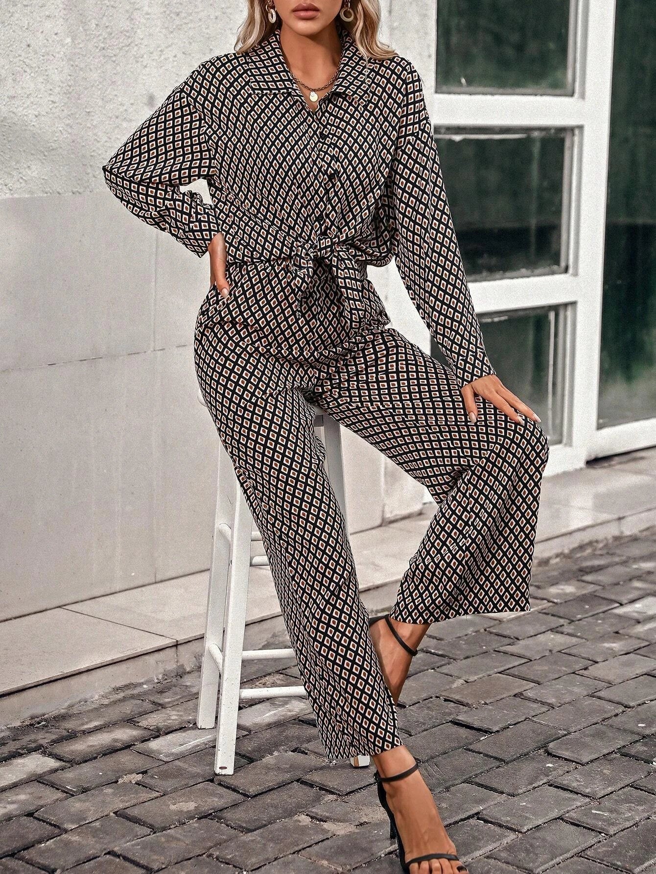 Priv� Argyle Print Drop Shoulder Blouse & Wide Leg Pants shein
