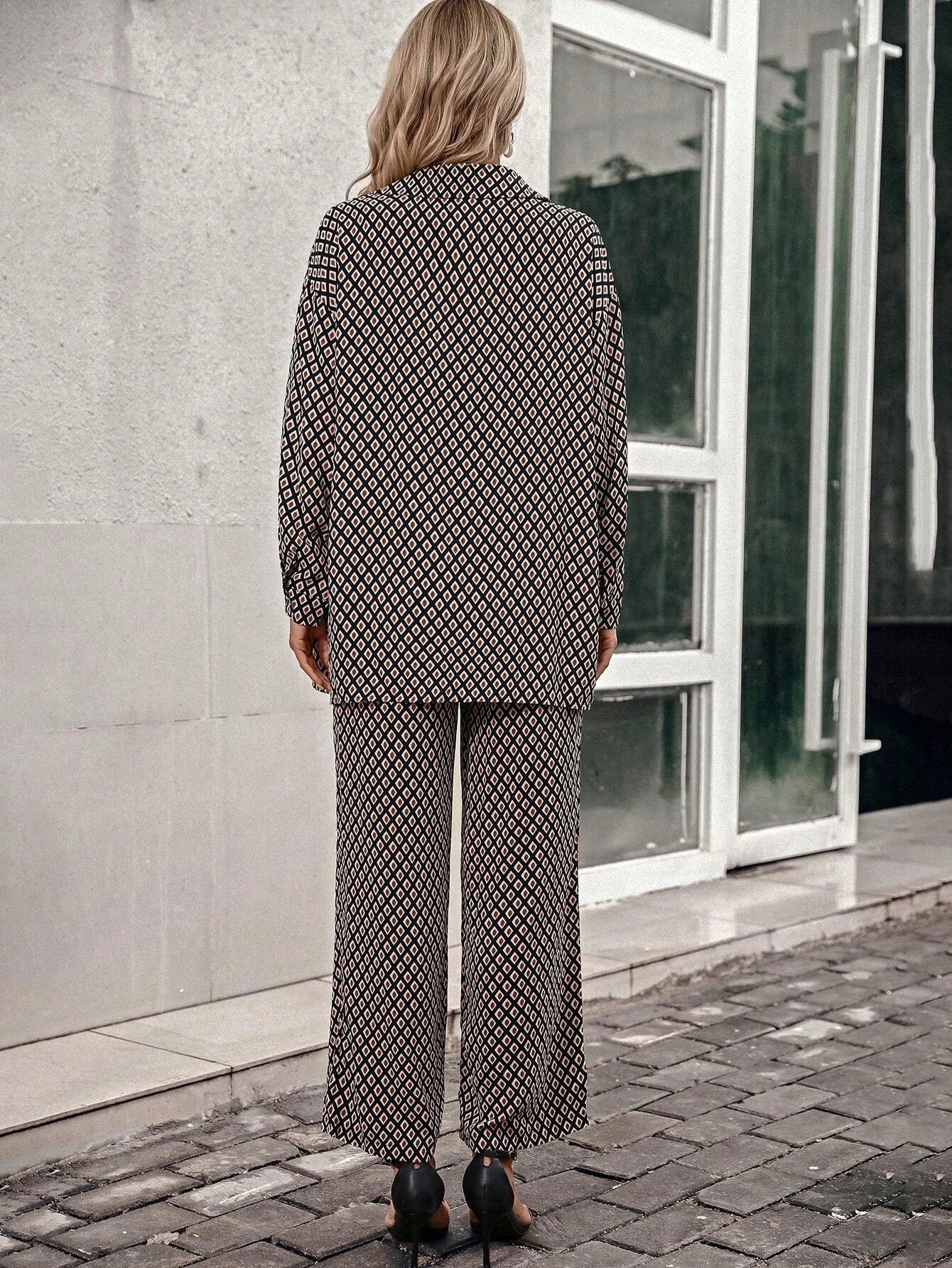 Priv� Argyle Print Drop Shoulder Blouse & Wide Leg Pants shein