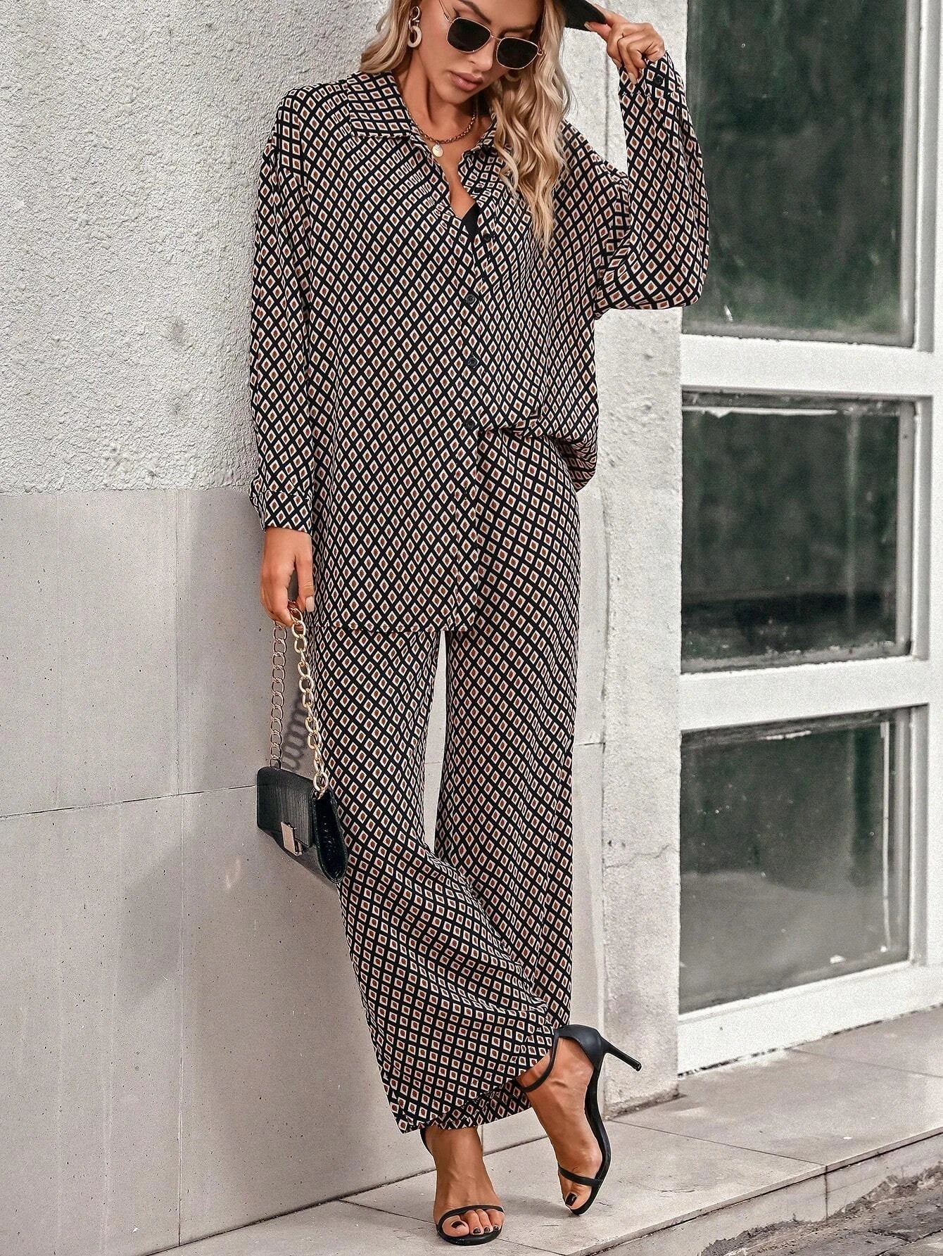 Priv� Argyle Print Drop Shoulder Blouse & Wide Leg Pants shein