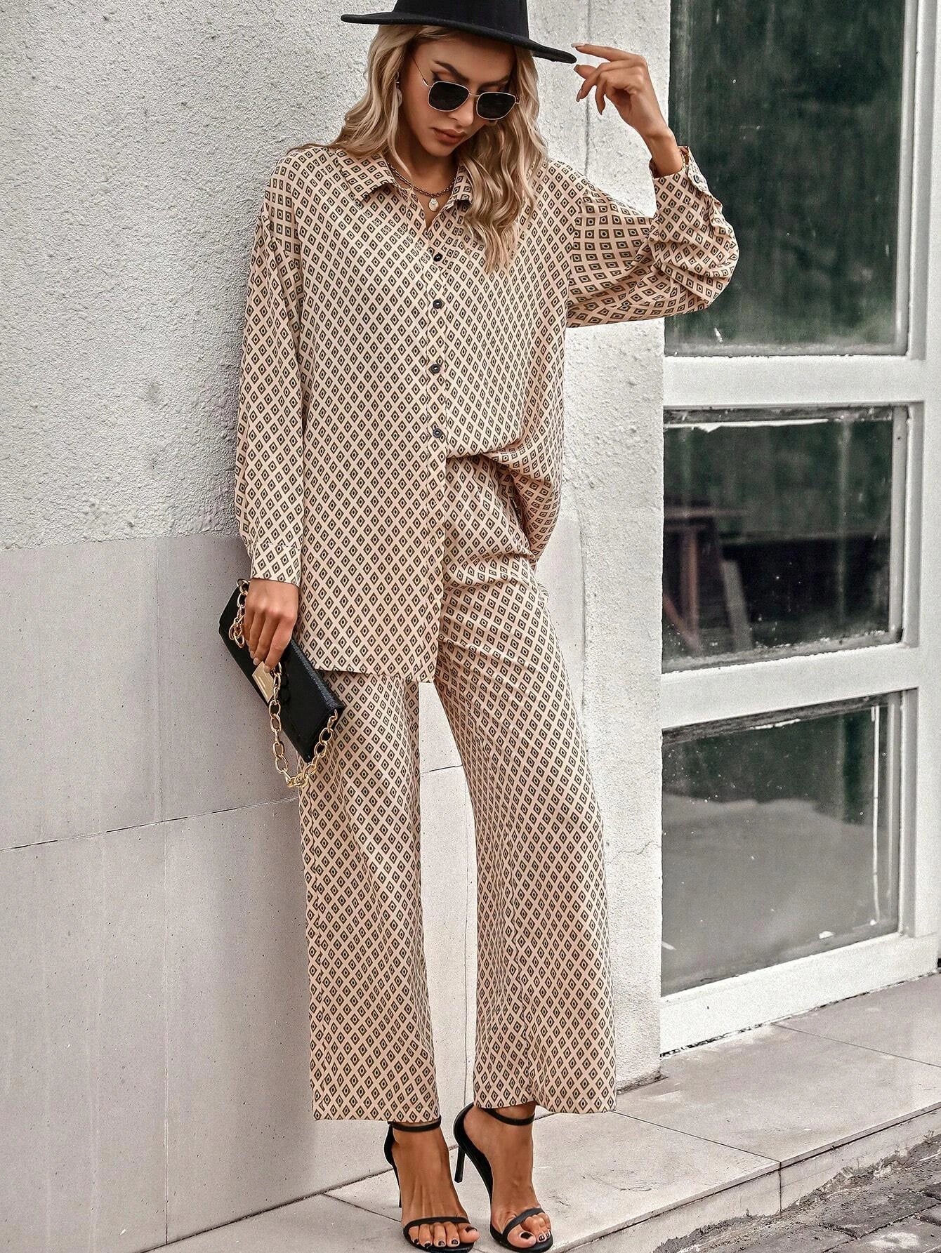 Priv� Argyle Print Drop Shoulder Blouse & Wide Leg Pants shein