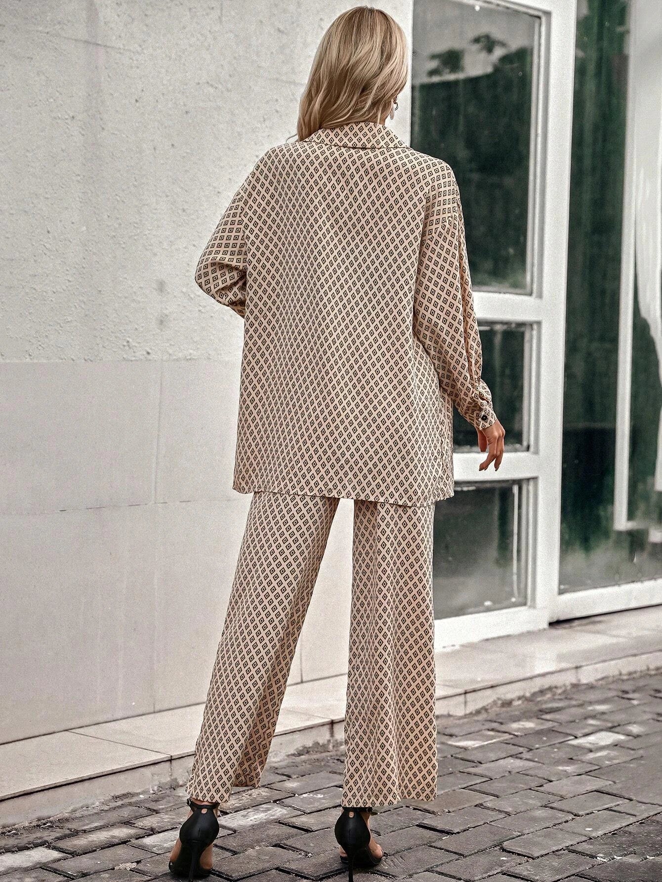 Priv� Argyle Print Drop Shoulder Blouse & Wide Leg Pants shein