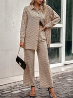 Priv� Argyle Print Drop Shoulder Blouse & Wide Leg Pants shein