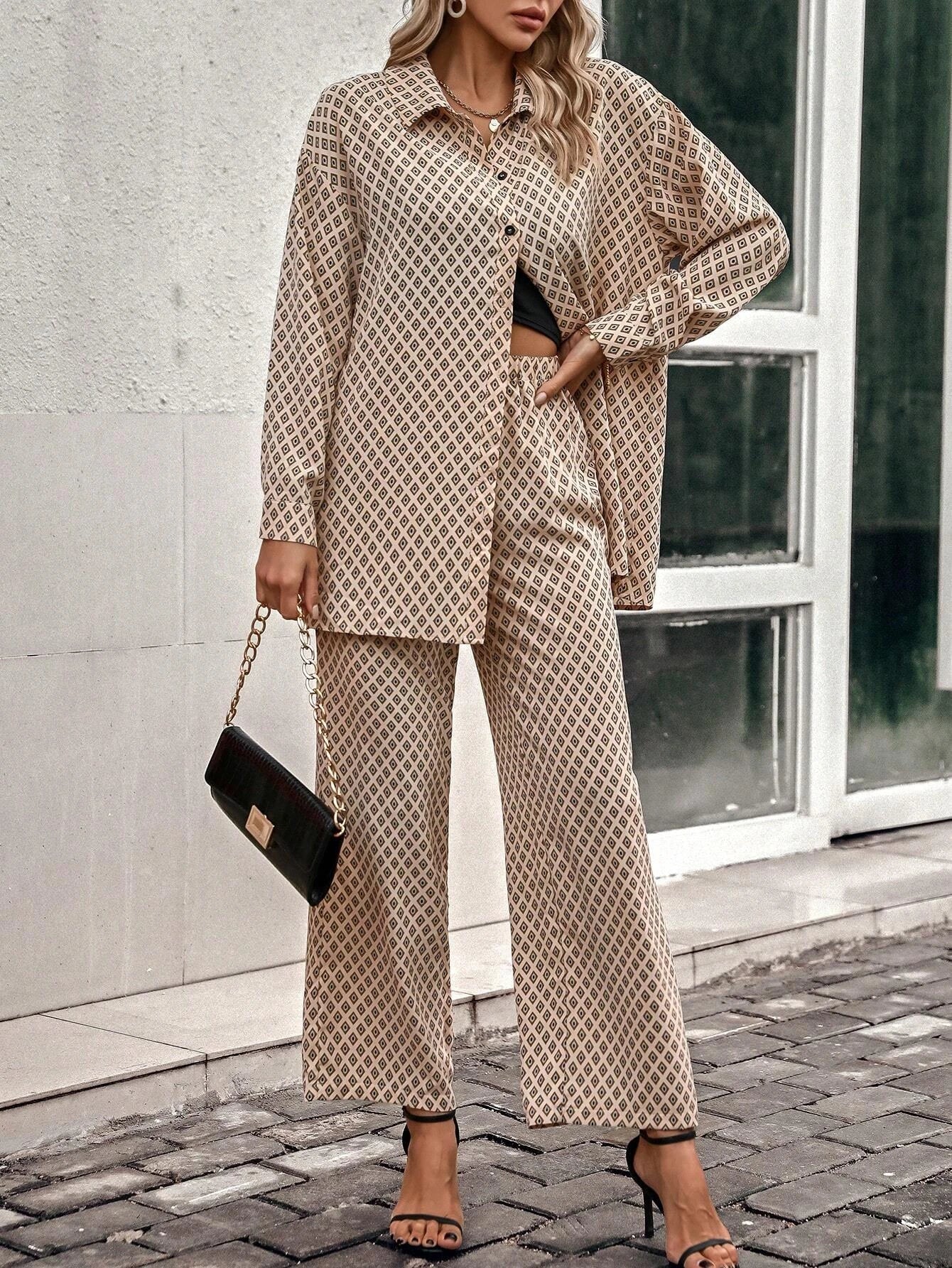 Priv� Argyle Print Drop Shoulder Blouse & Wide Leg Pants shein