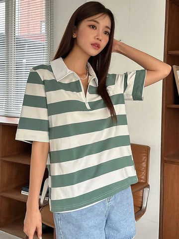 DAZY Striped Print Half Zip Tee shein