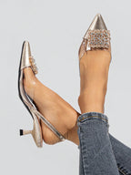 Women's Rhinestone Decorated Pointed Toe Slingback Kitten Heel Slip-On Pumps shein
