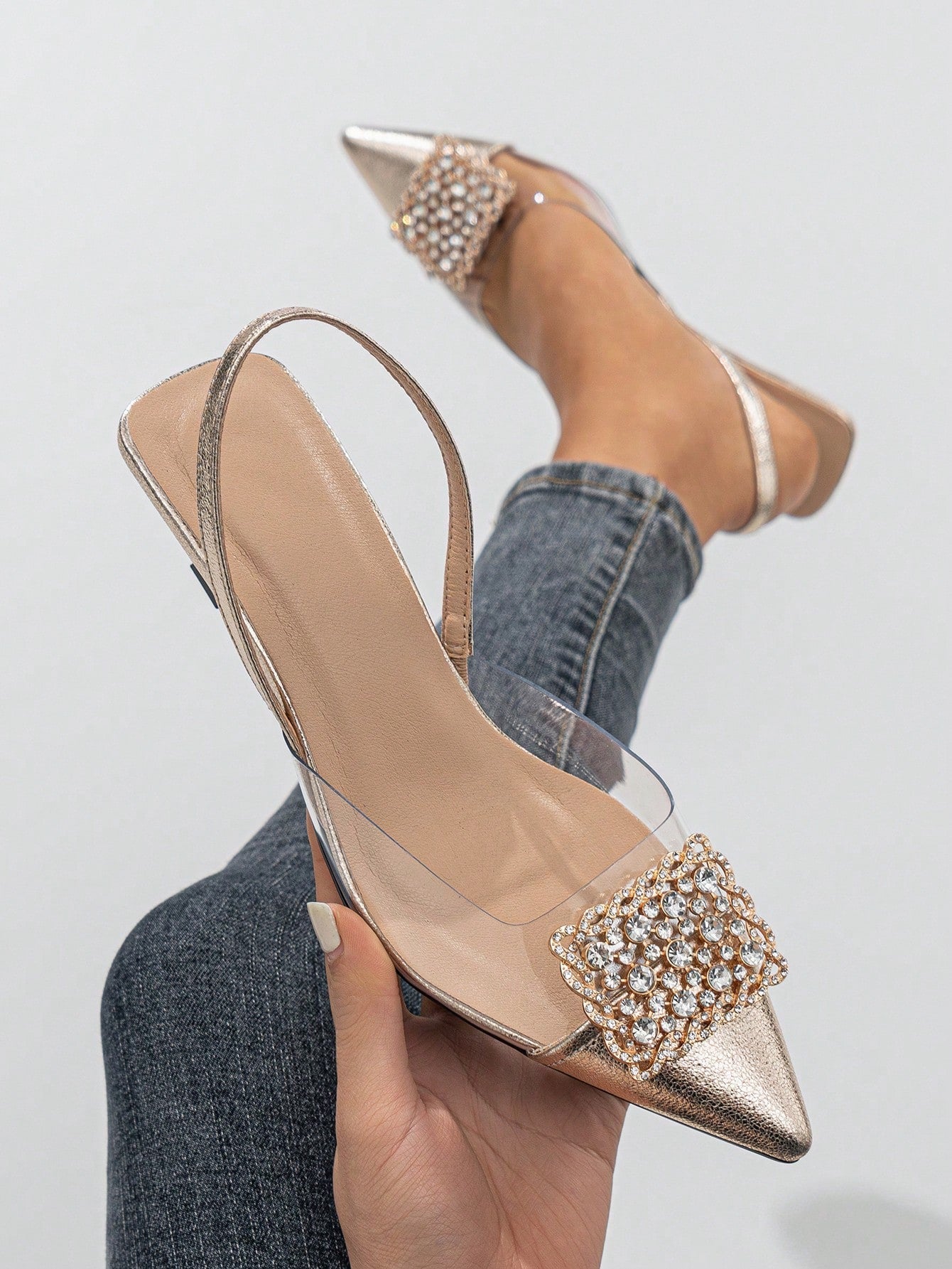 Women's Rhinestone Decorated Pointed Toe Slingback Kitten Heel Slip-On Pumps shein