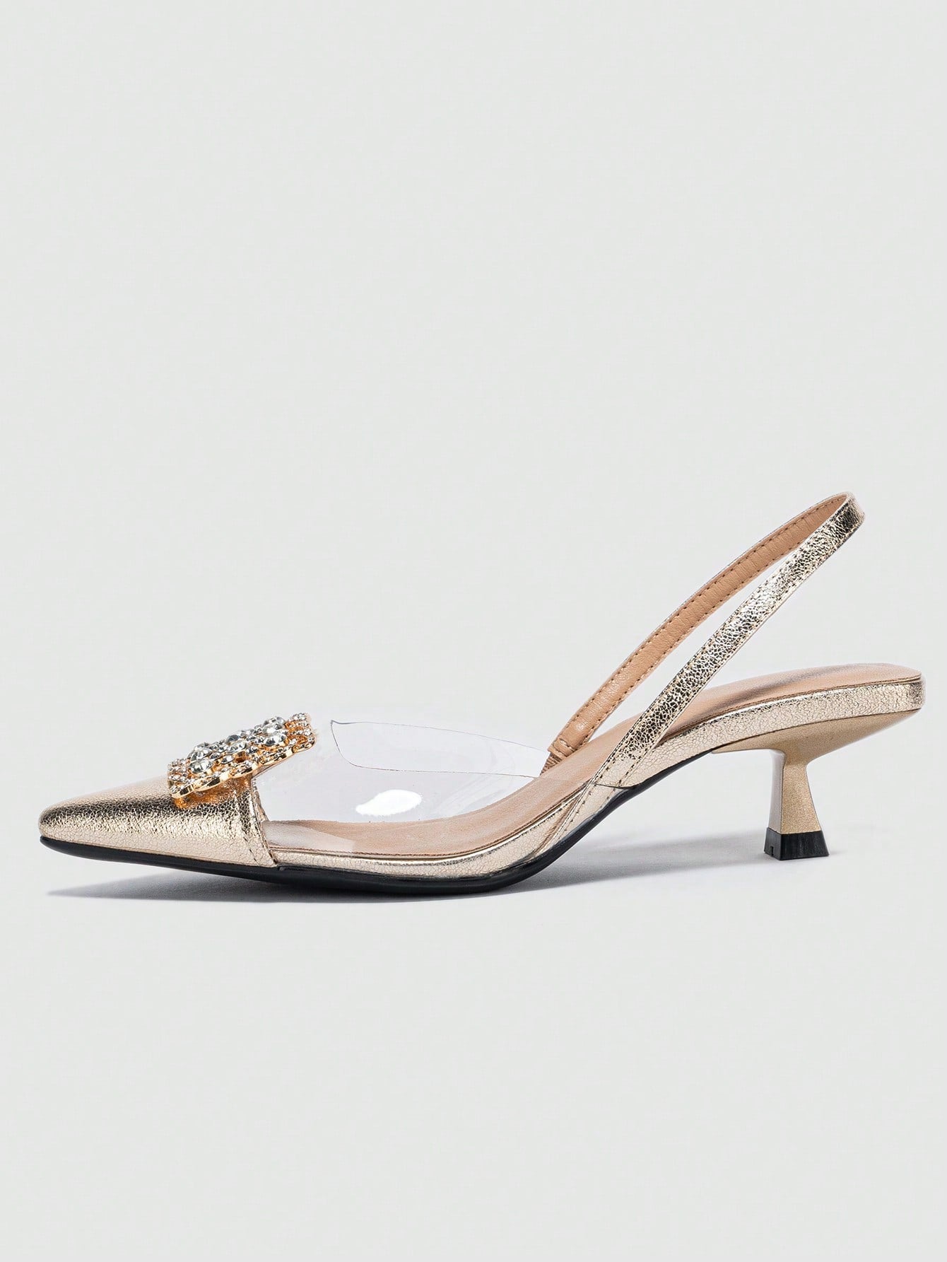 Women's Rhinestone Decorated Pointed Toe Slingback Kitten Heel Slip-On Pumps shein