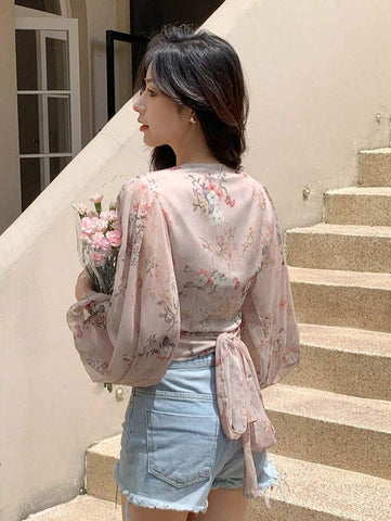 DAZY Floral Print Tie Back Lantern Sleeve Blouse