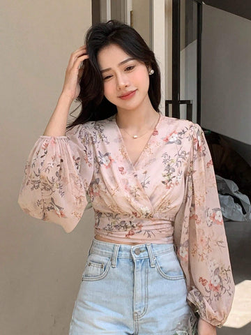 DAZY Floral Print Lantern Sleeve Tie-Waist Shirt shein