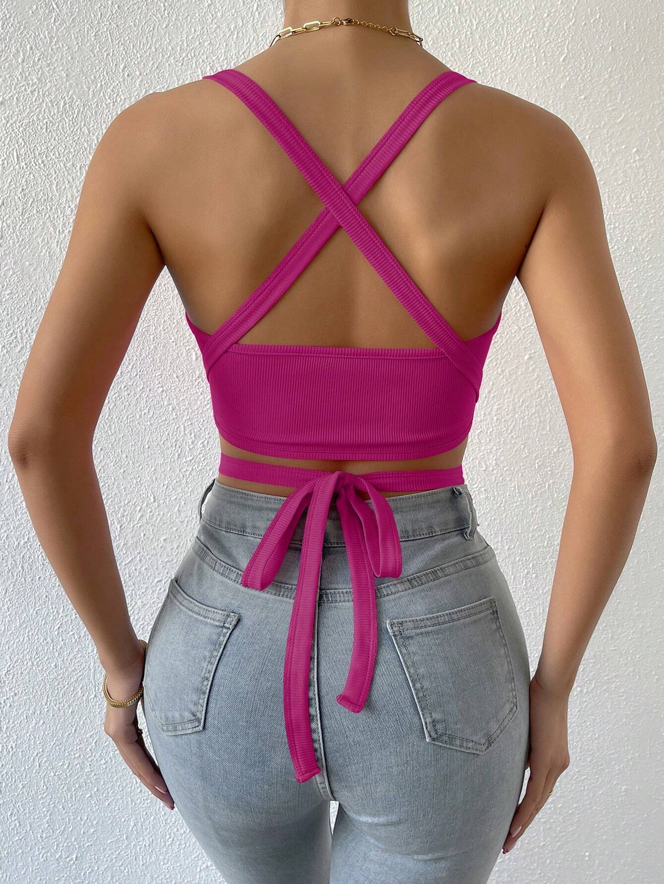 BAE Crisscross Tie Back Crop Halter Top shein